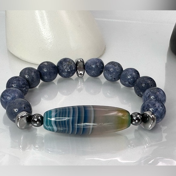 INDONESIAN BLUE CORAL + STRIPED AGATE STONES NATURAL BRACELET sz 7” - Picture 3 of 11
